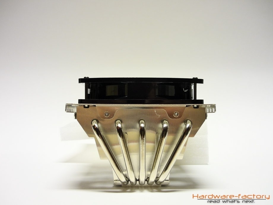 Die fünf Heatpipes leiten die Abwärme auseinanderlaufend an die Kühllamellen unter dem Lüfter weiter